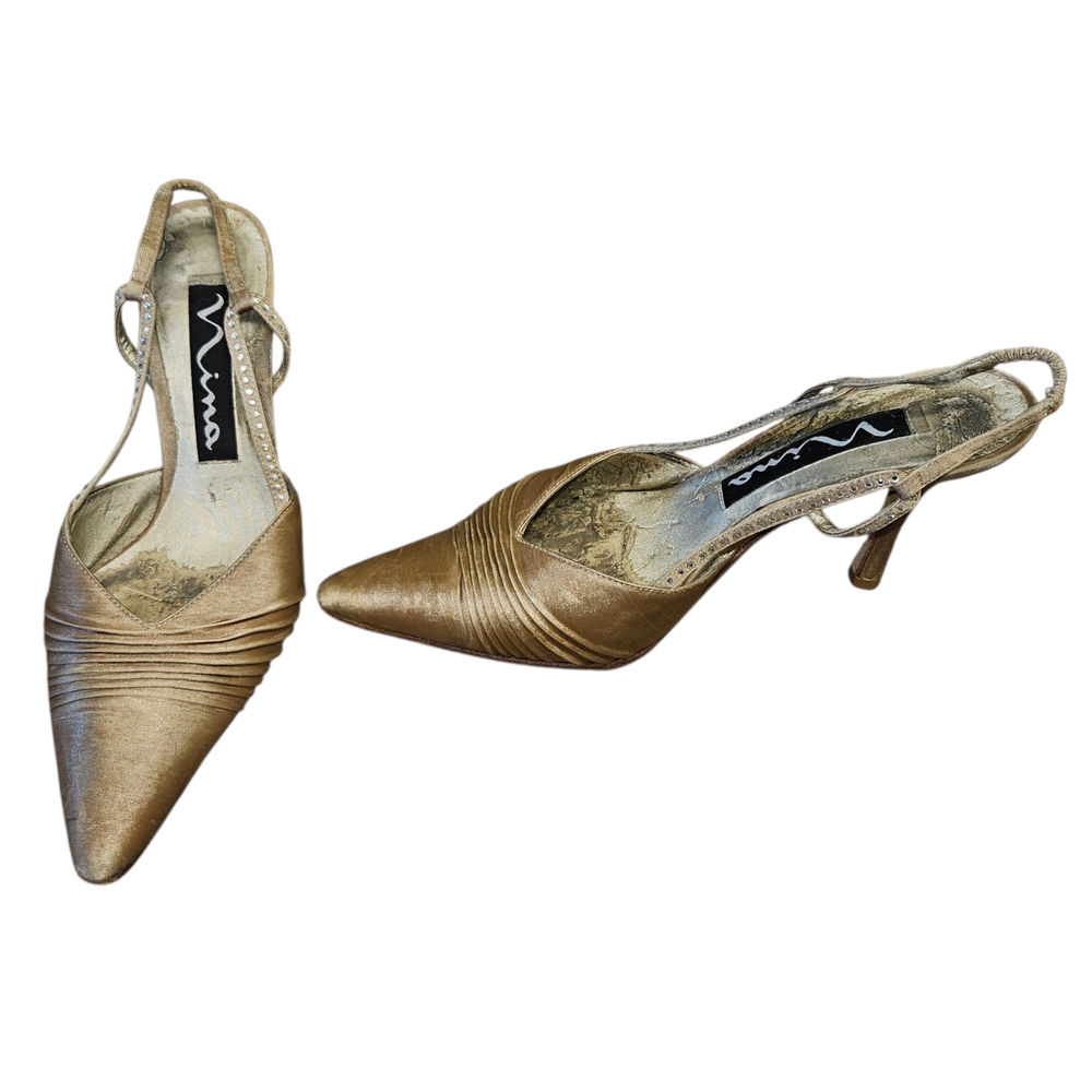 Nina Y2K Pointed Toe Slingback Heels Gold Size 6.5 Elegant - Picture 2 of 11